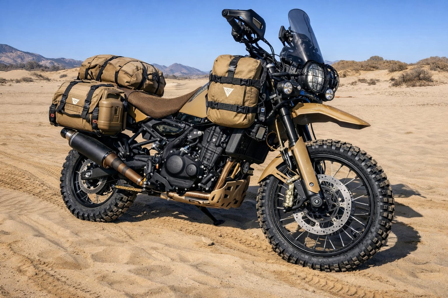 chat GPT tuning himalayan 450 estilo desierto marrones .jpeg